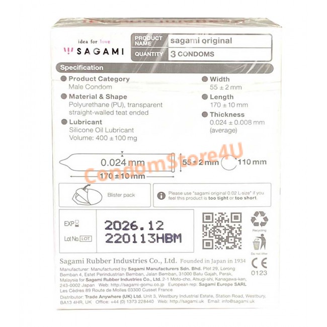Polyurethane condoms SAGAMI Original 0.02 (3pcs)  Buy Online  SAGAMI |  CondomStore4u.com
